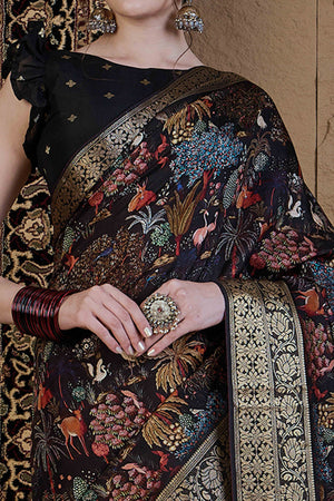 Black Floral Printed Viscose Saree