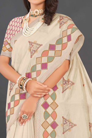 Beige Embroidered Linen Saree With Intricate Kantha Work & Tassel Border