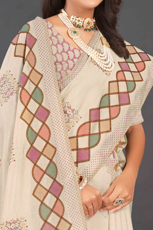 Beige Embroidered Linen Saree with Exquisite Kantha Work & Tassel Border