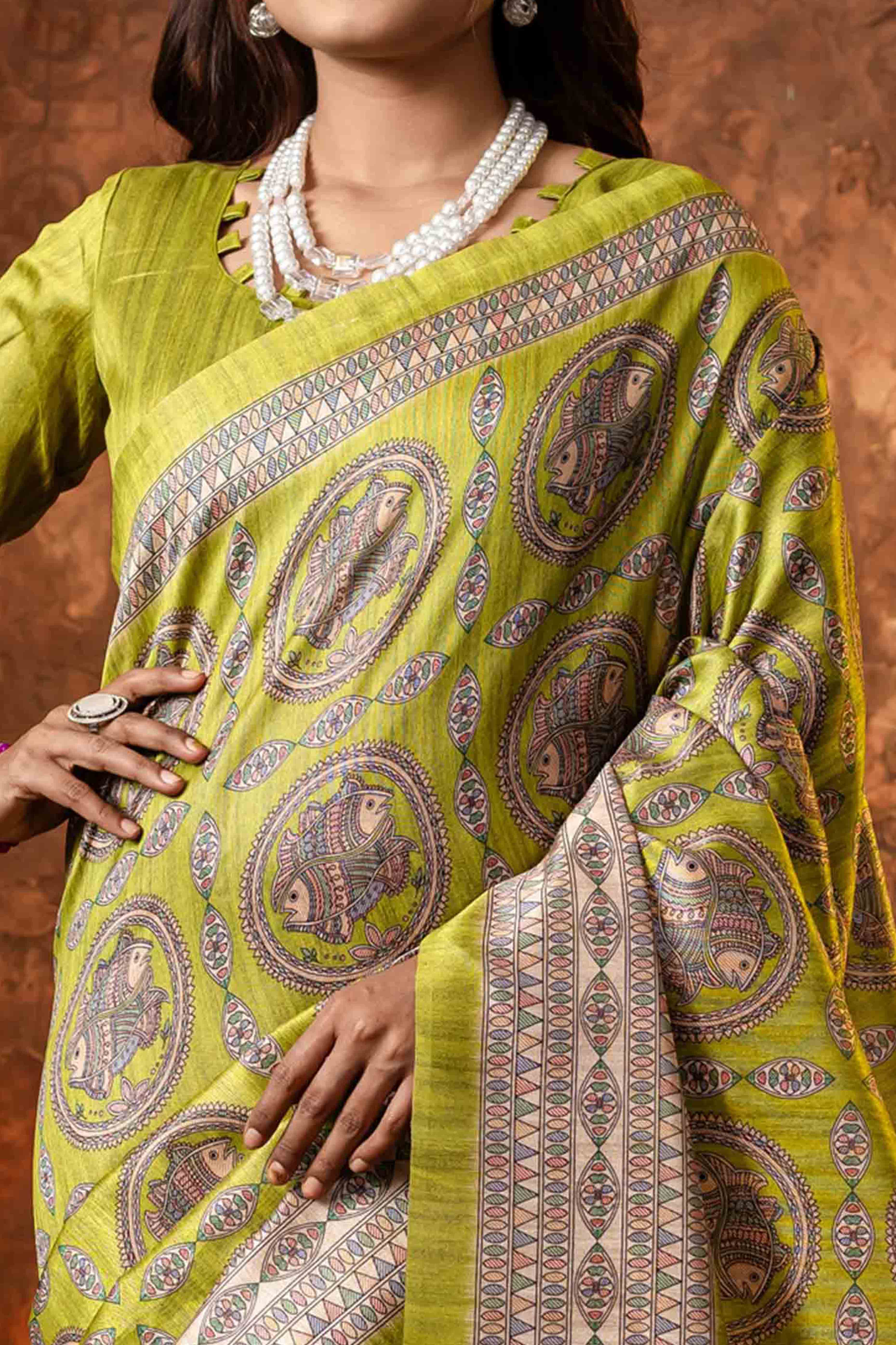 Green Tussar Silk Saree with Traditional Mughal Prints