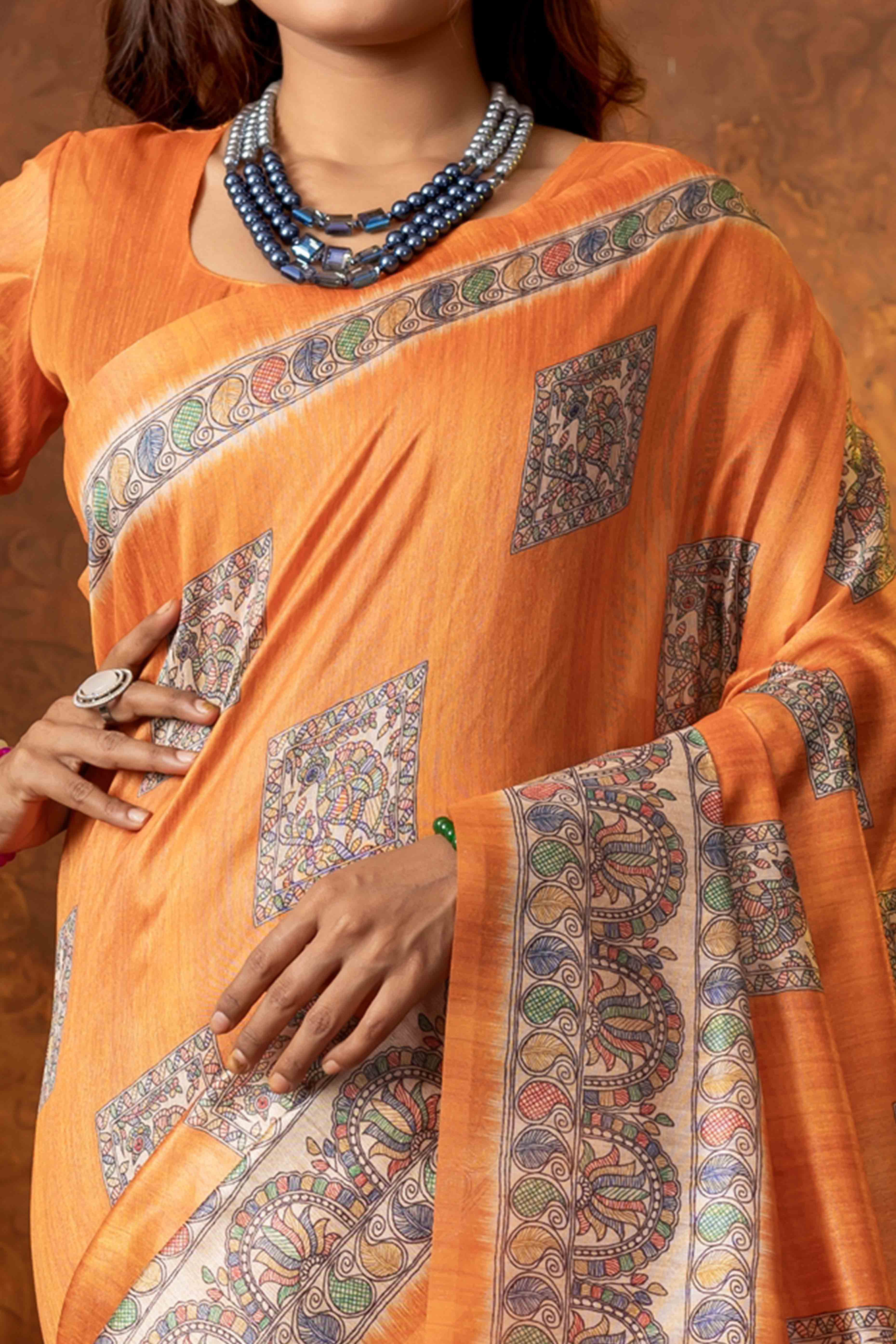Orange Tussar Silk Saree with Traditional Mughal Prints