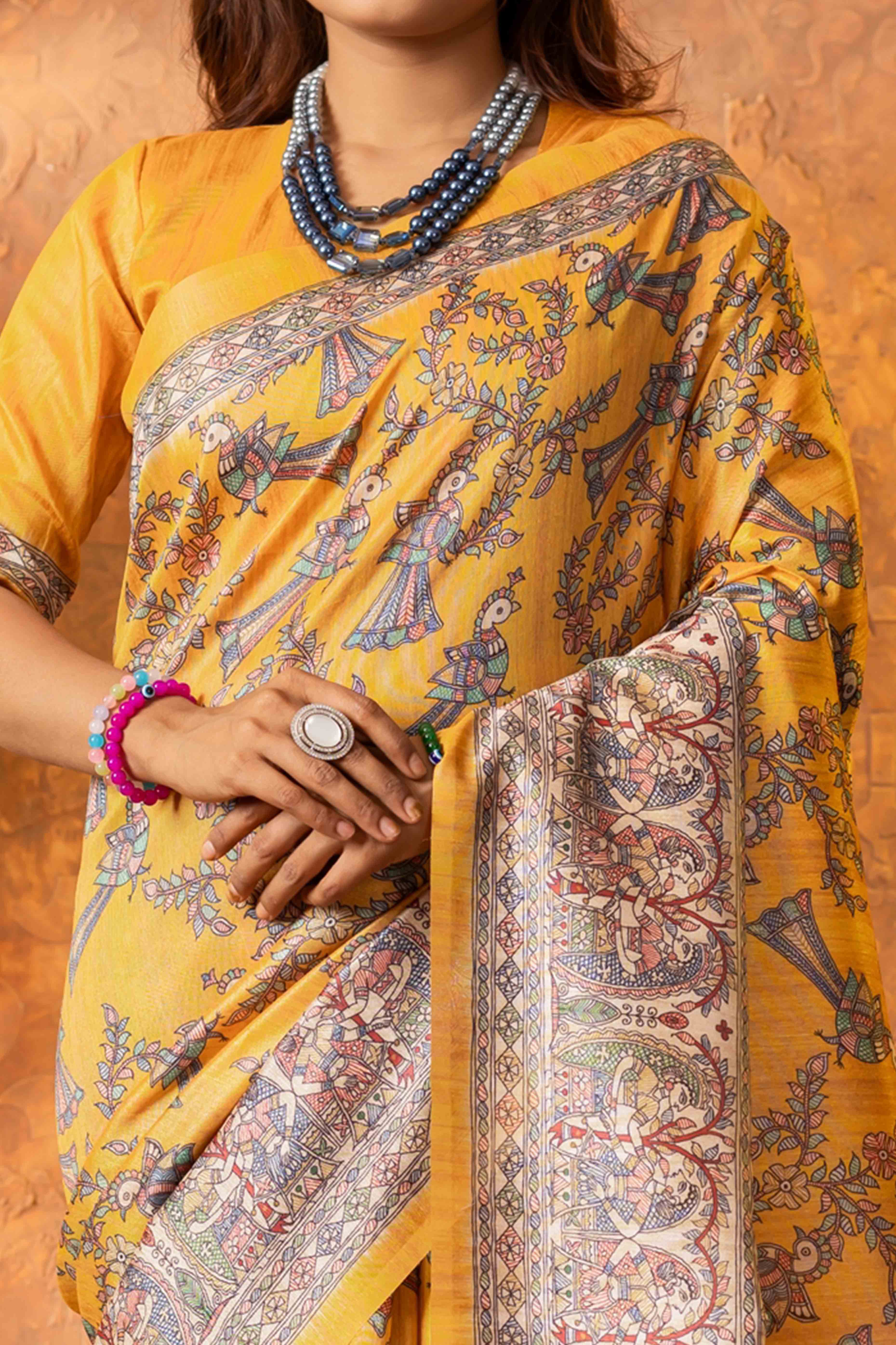 Mustard Tussar Silk Saree with Traditional Mughal Prints
