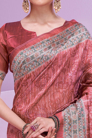 Rustic Red Ethnic Cotton Silk Saree Adorned with Madhubani Florals Print
