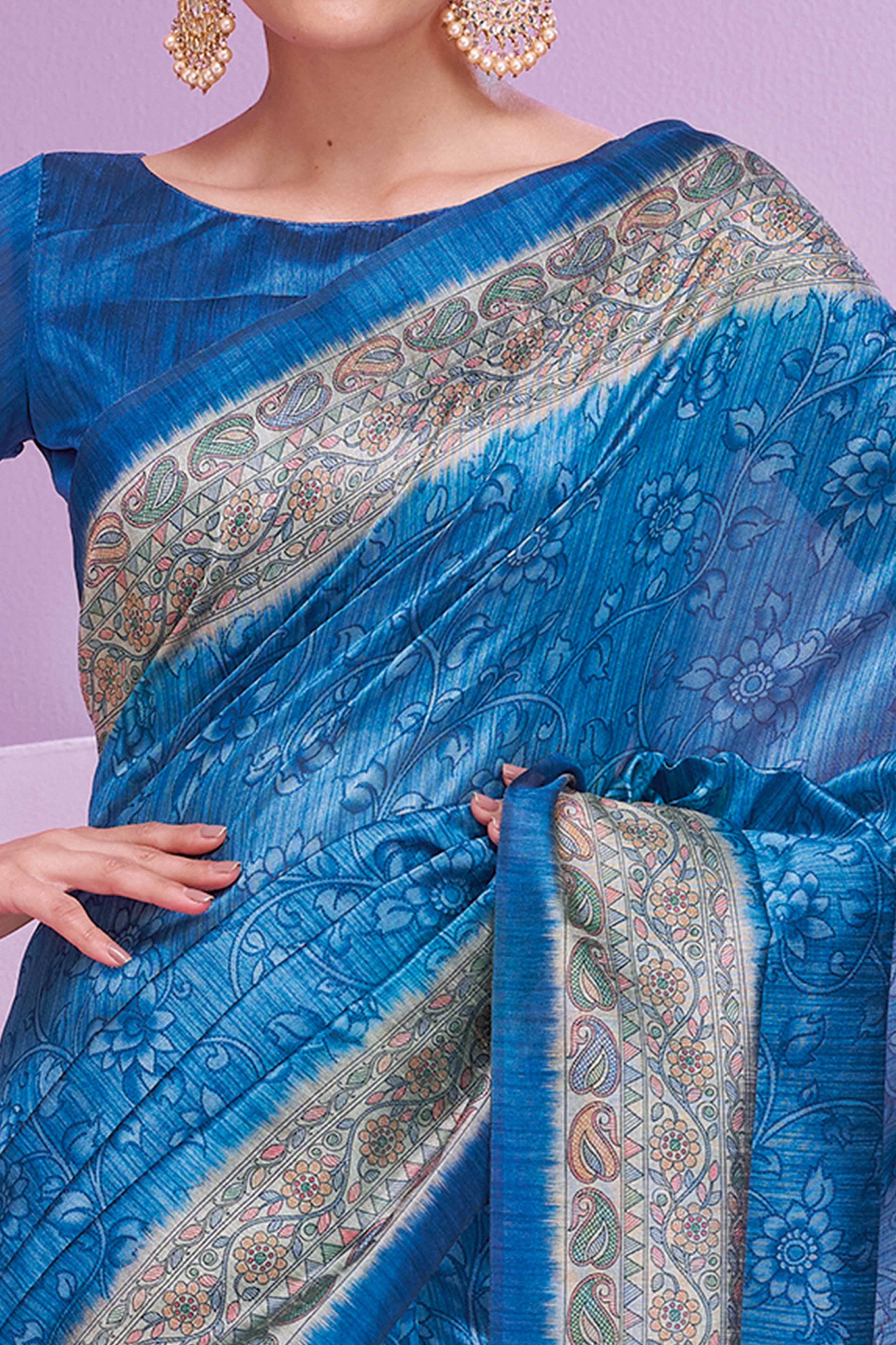 Teal Ethnic Cotton Silk Saree Adorned with Madhubani Florals Print