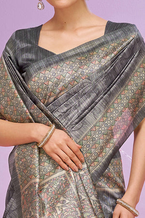 Grey Ethnic Cotton Silk Saree Adorned with Madhubani Florals Print
