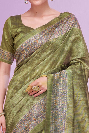 Green Ethnic Cotton Silk Saree Adorned with Madhubani Florals Print