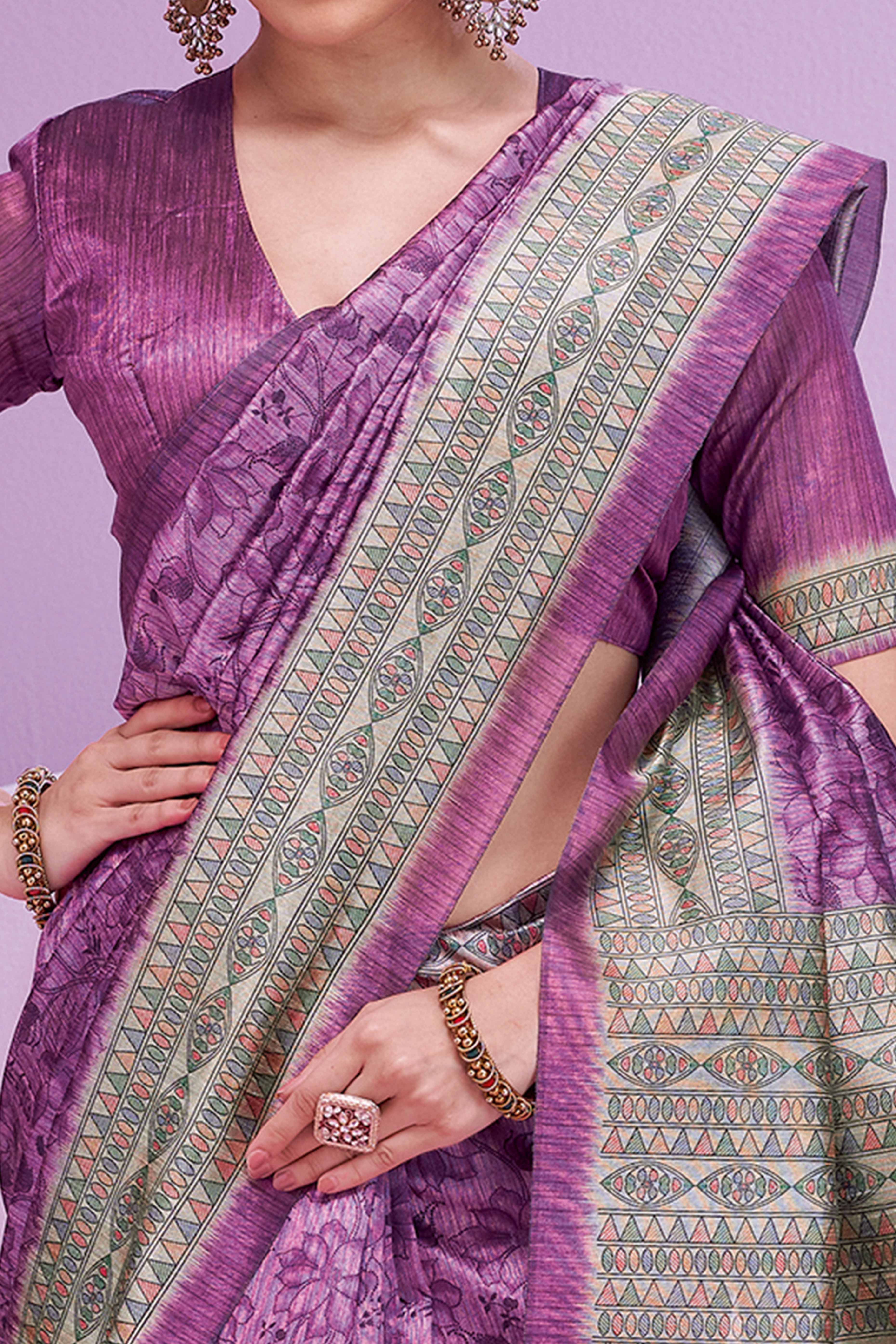 Purple Ethnic Cotton Silk Saree Adorned with Madhubani Florals Print