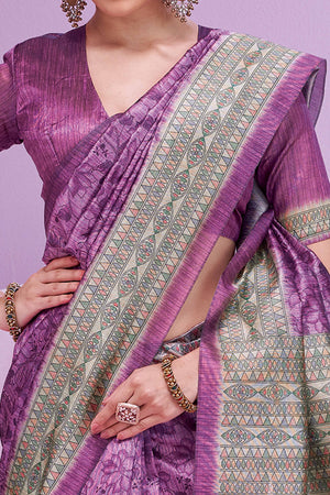 Purple Ethnic Cotton Silk Saree Adorned with Madhubani Florals Print