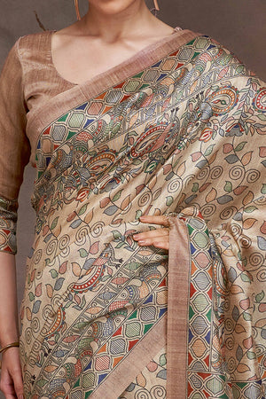 Beige Cotton Silk Saree with Floral Madhubani Print