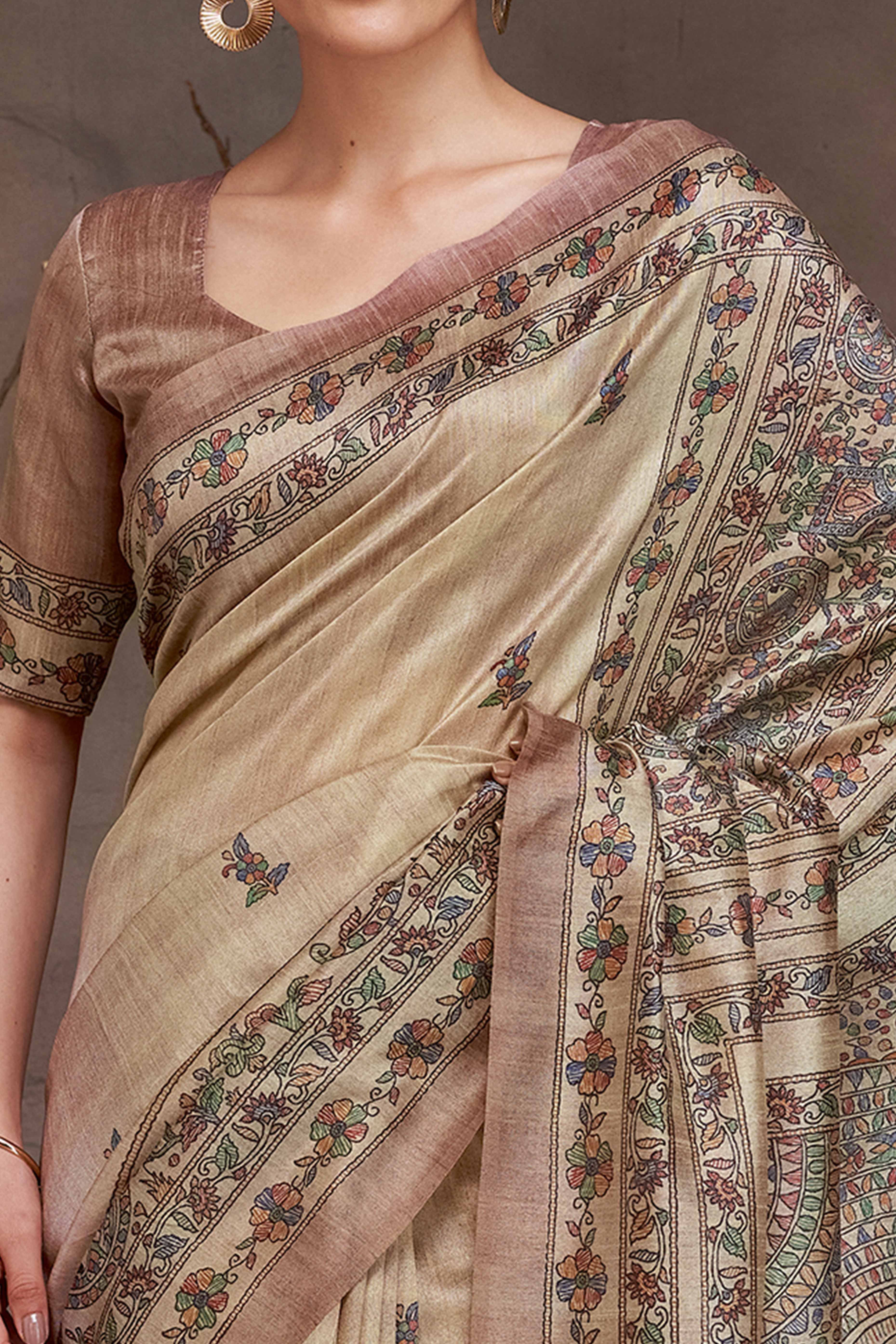 Subtle Sophistication Beige Cotton Silk Saree with Traditional Madhubani Design