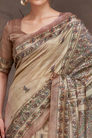 Subtle Sophistication Beige Cotton Silk Saree with Traditional Madhubani Design