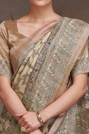 Beige Ethnic Cotton Silk Saree Adorned with Madhubani Florals