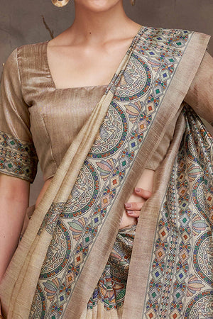 Beige Saree in Cotton Silk with Ethnic Madhubani Prints