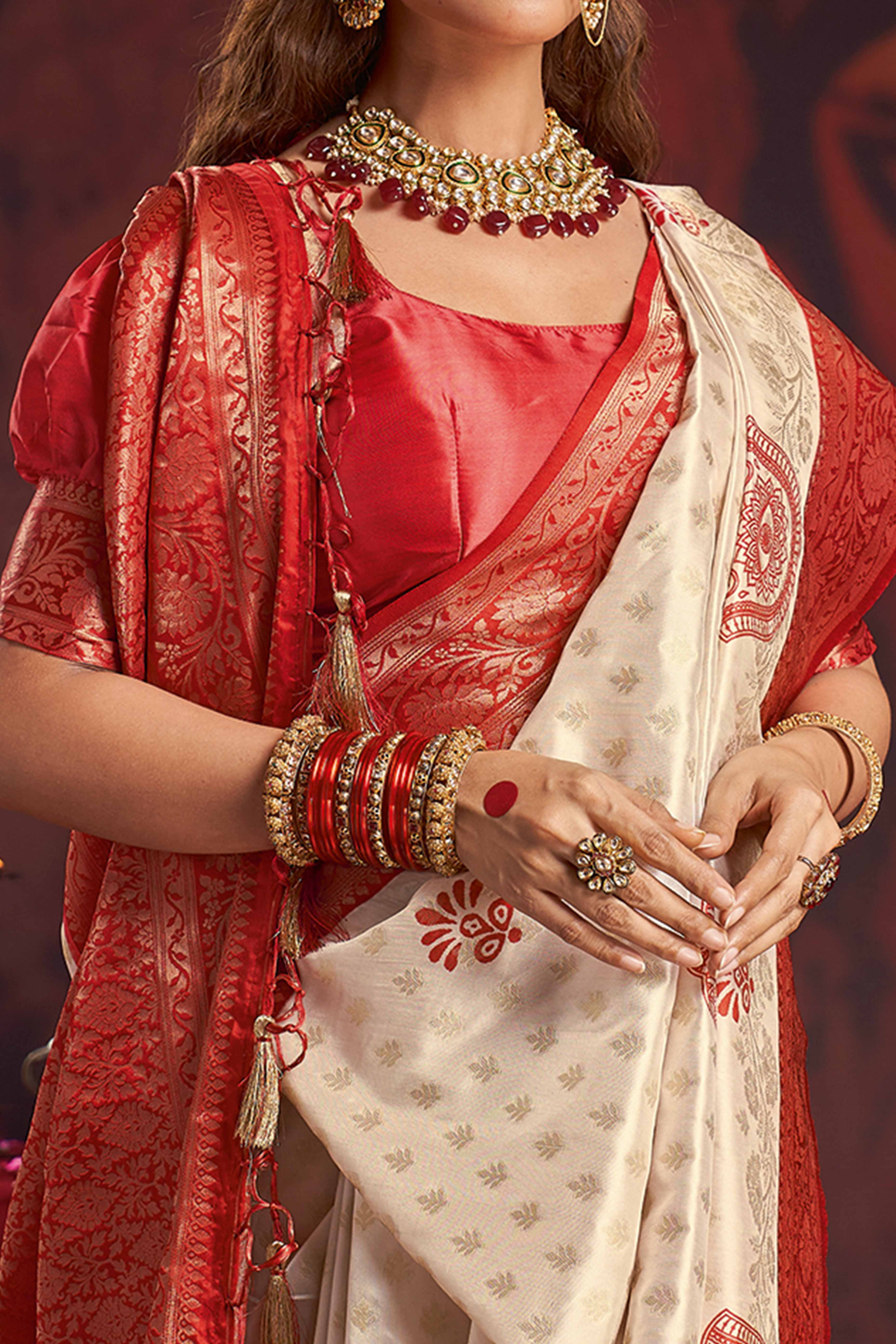 Off White Red Woven Satin Saree for Durga Festival Celebrations