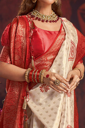 Off White Red Woven Satin Saree for Durga Festival Celebrations