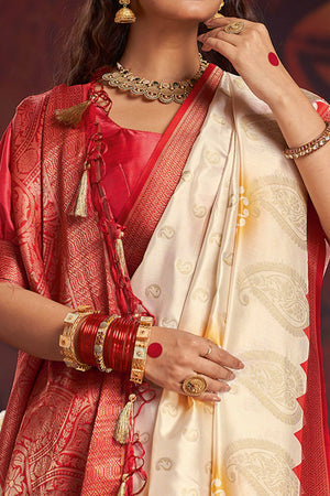 Festive Wear Off White & Red Satin Saree with Traditional Weaving