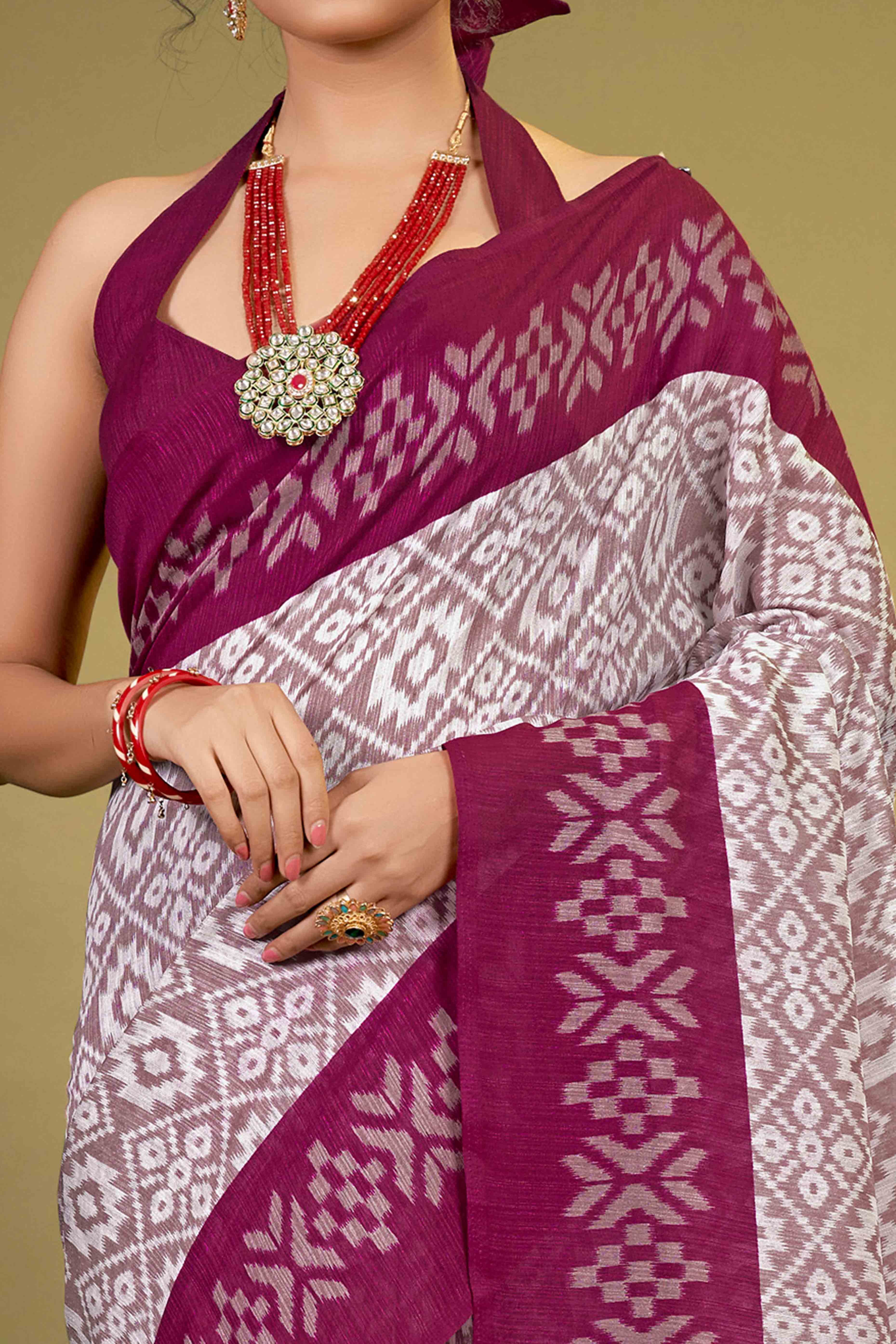 Wine Ikkat Printed Cotton Slub Saree