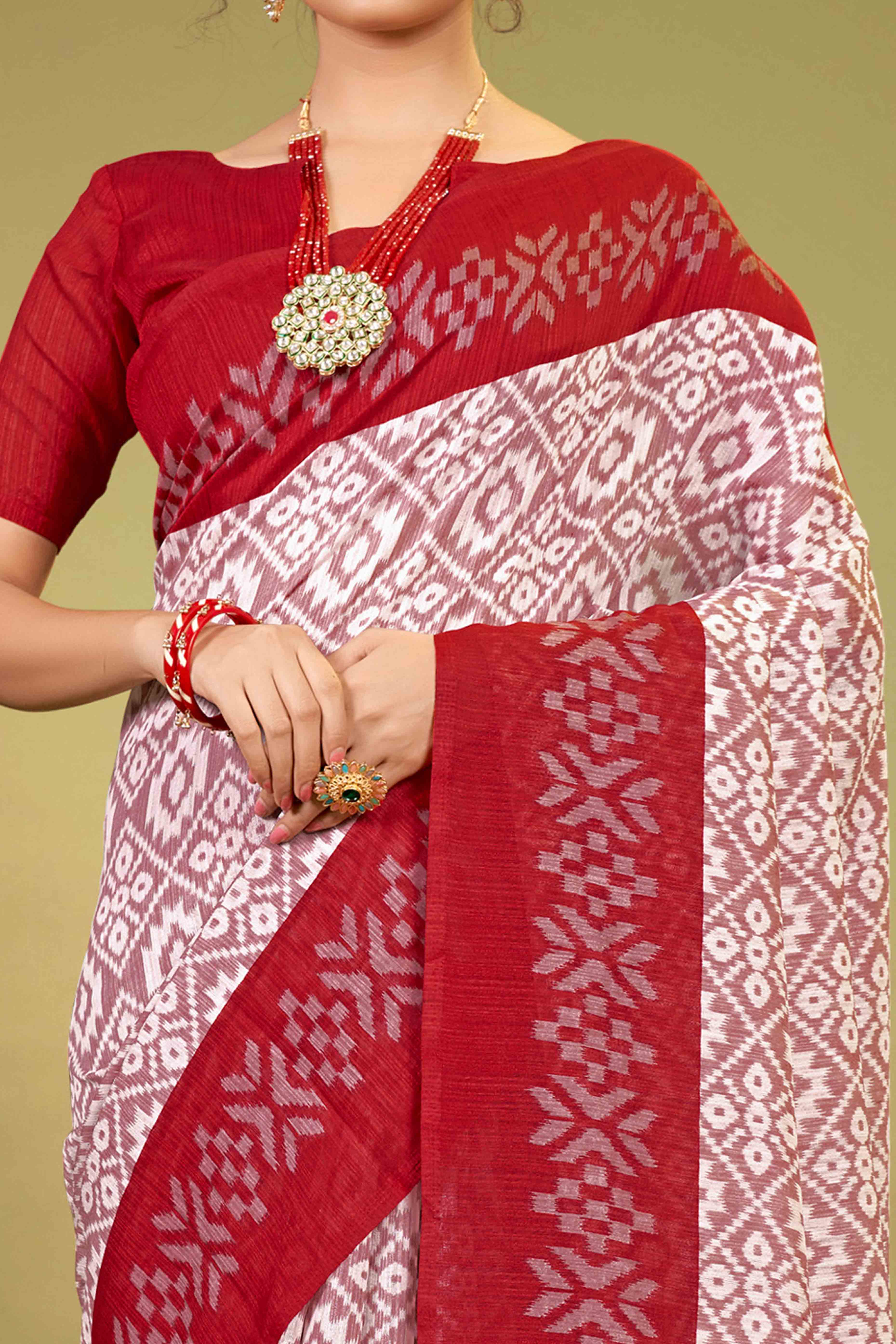 Red Ikkat Printed Cotton Slub Saree