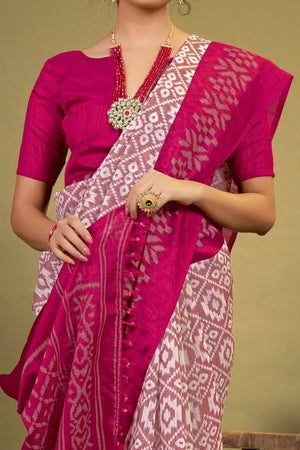 Pink Ikkat Printed Cotton Slub Saree