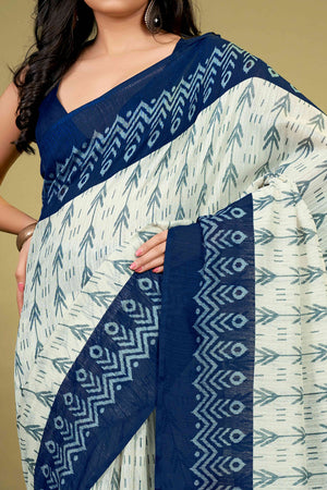 Blue Ikkat Printed Cotton Slub Saree