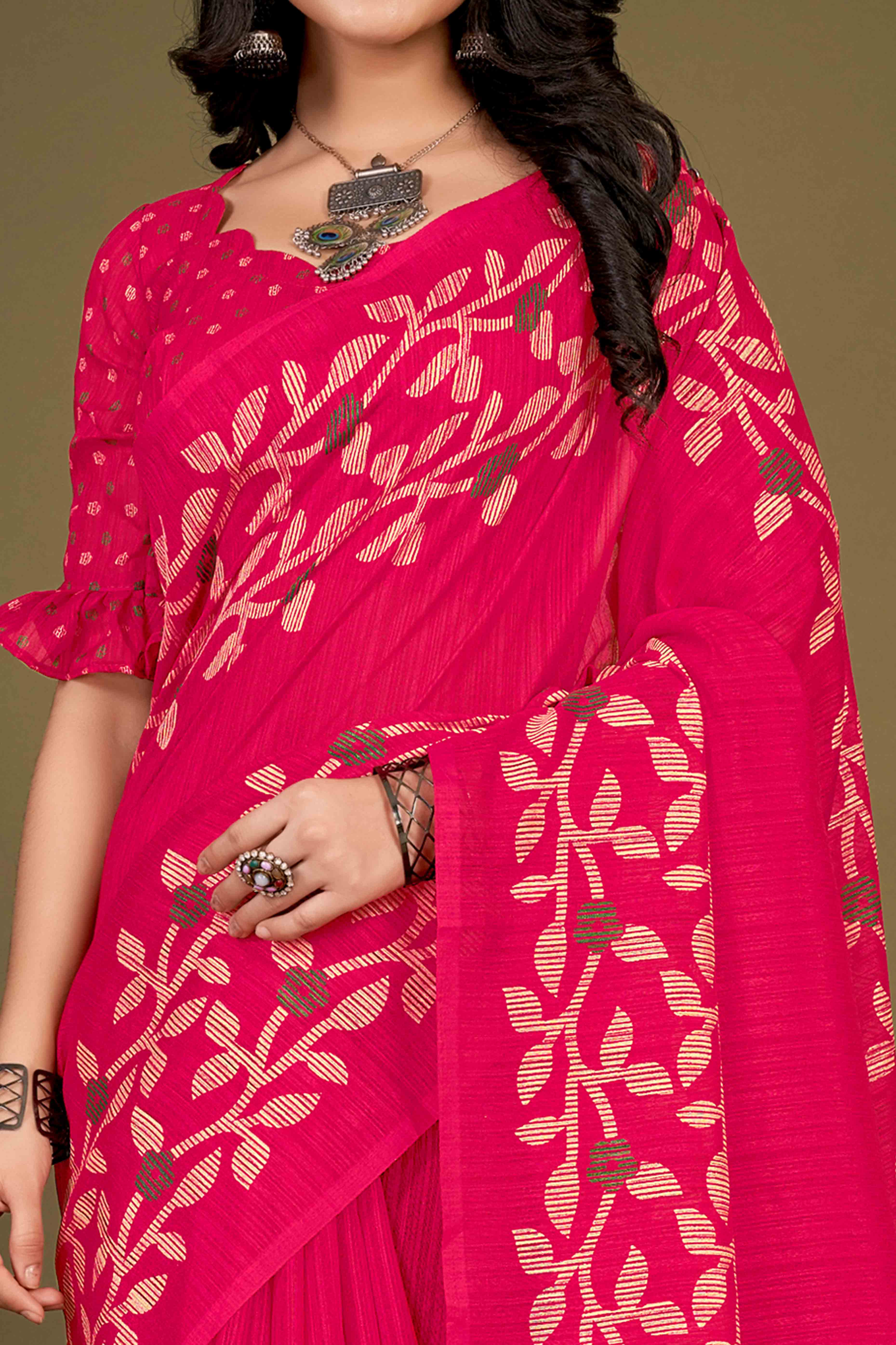 Pink Floral Printed Cotton Slub Saree