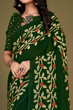Green Floral Printed Cotton Slub Saree