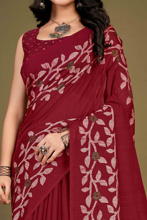 Maroon Floral Printed Cotton Slub Saree