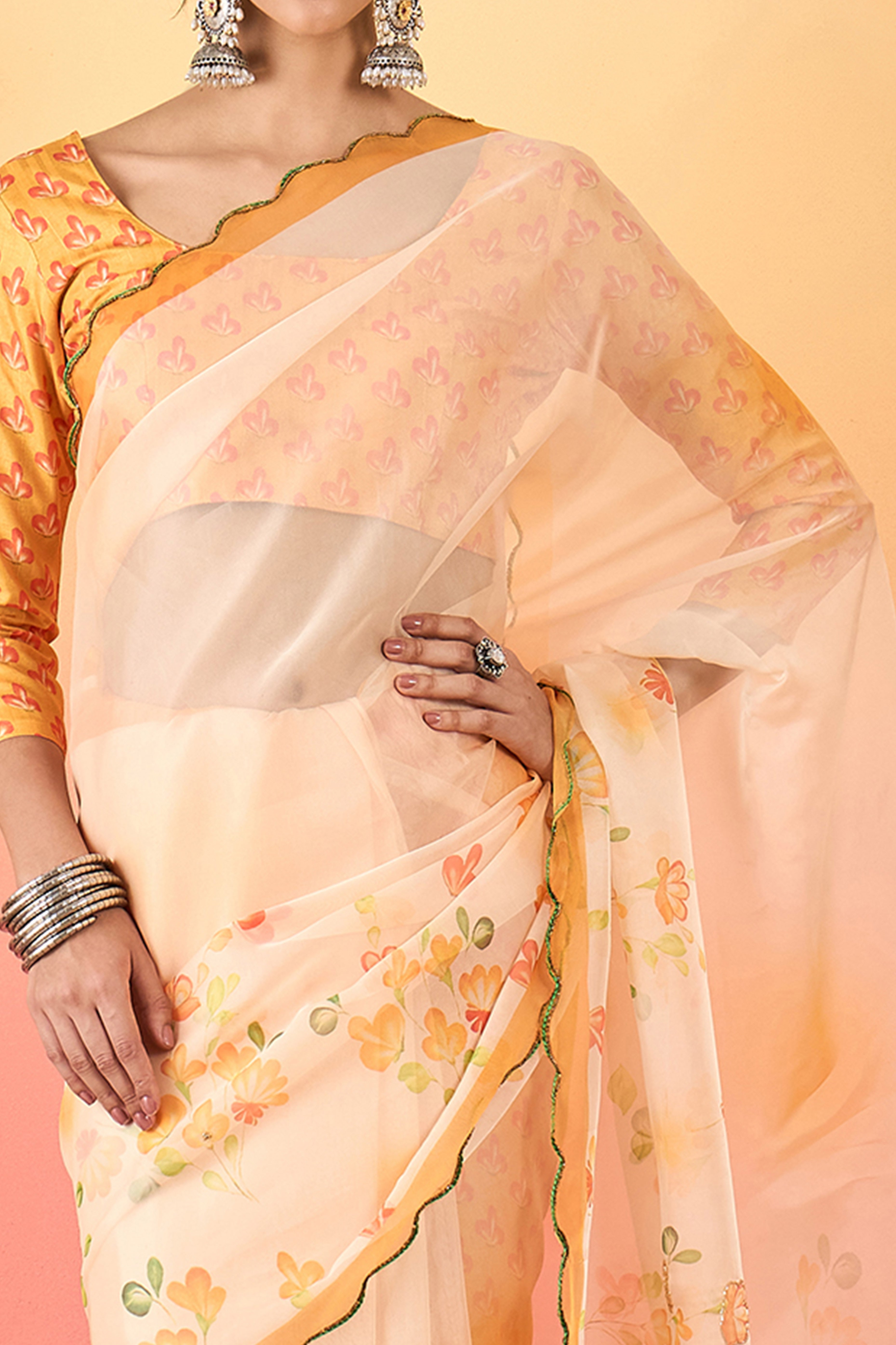 Gorgeous Cream Floral Printed Saree in Sheer Organza Blend Fabric with Handcrafted Beads Work