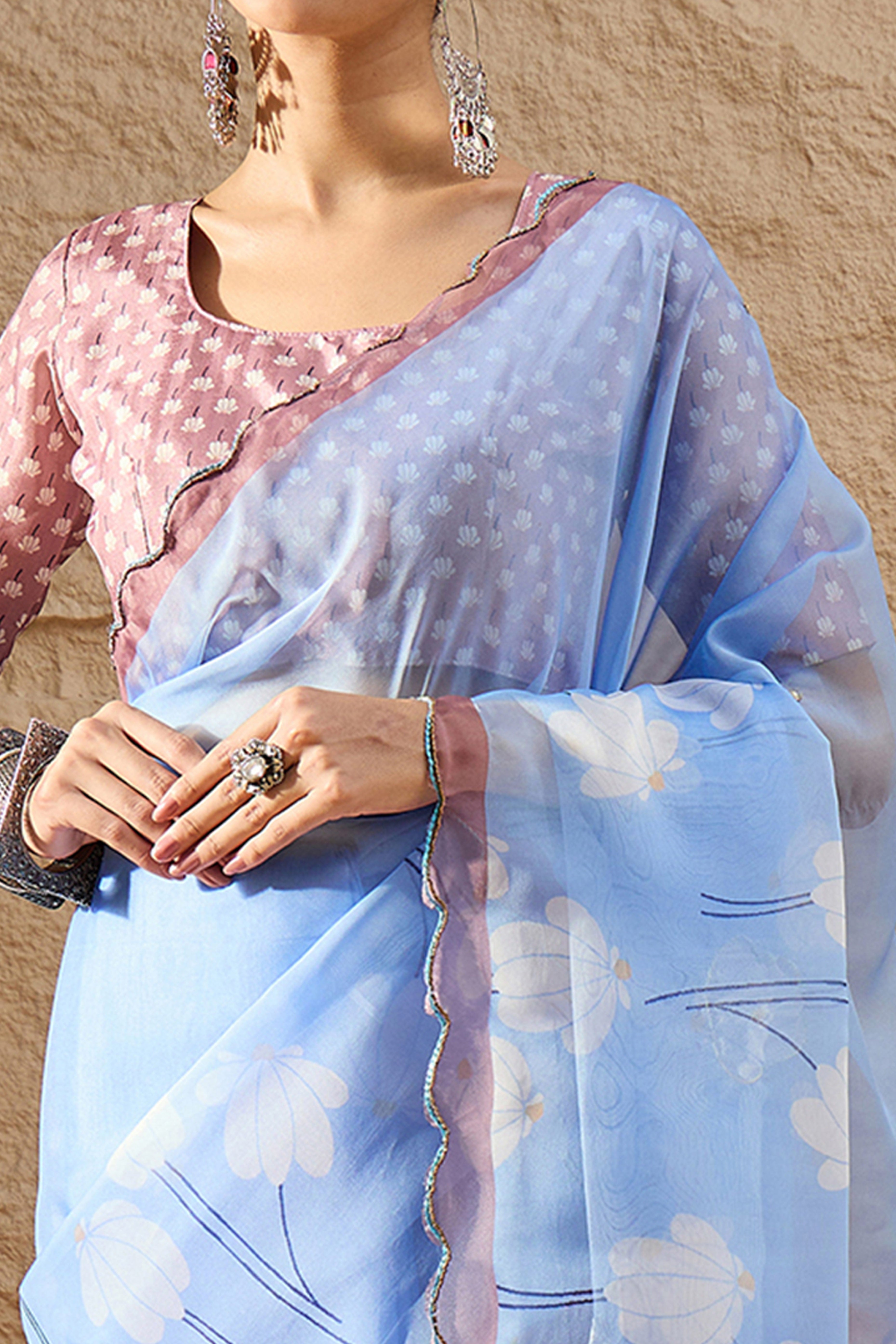 Gorgeous Light Blue Floral Printed Saree in Sheer Organza Blend Fabric with Handcrafted Beads Work