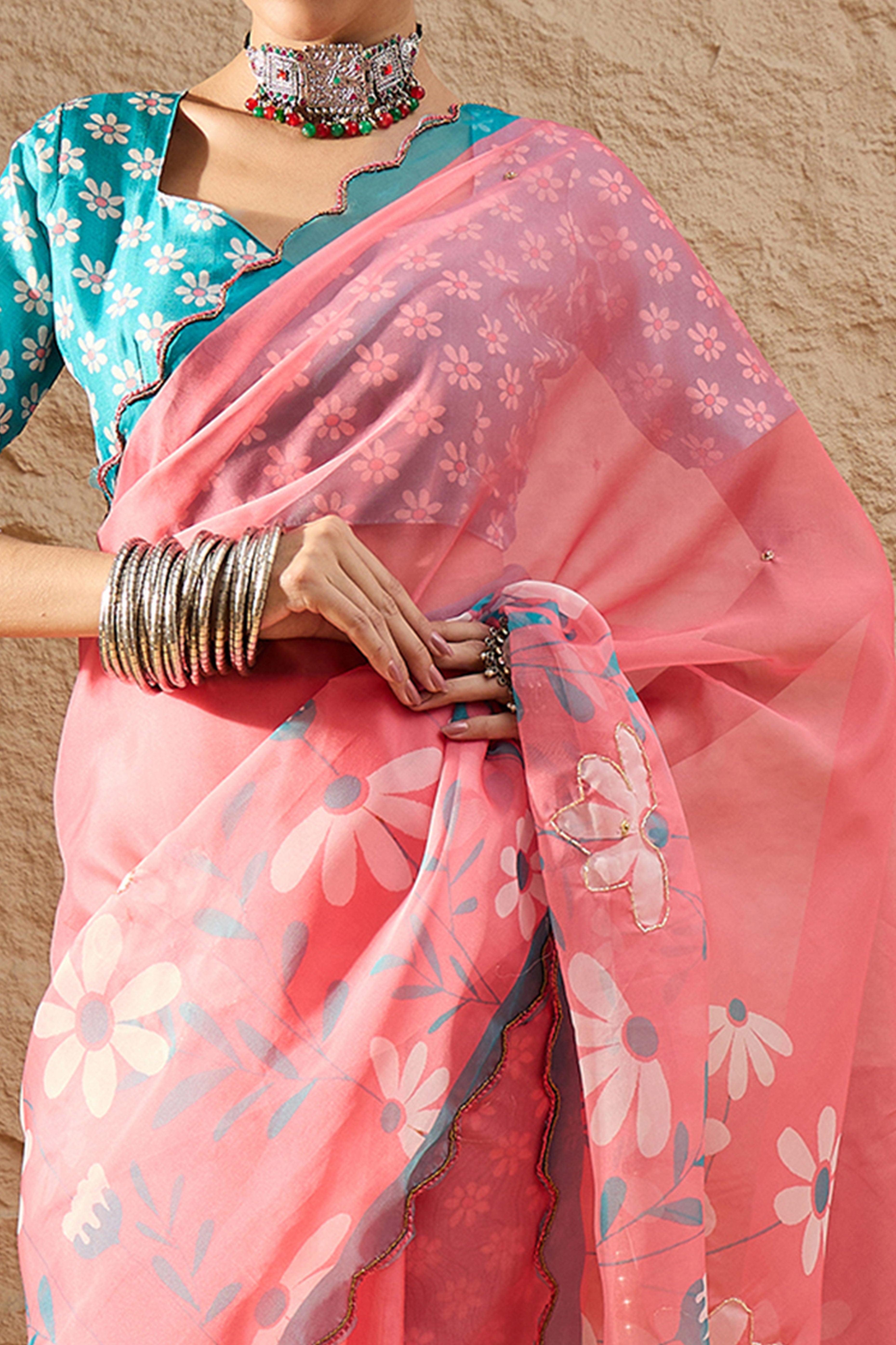 Pink Floral Printed Saree in Sheer Organza Blend Fabric with Handcrafted Beads Work