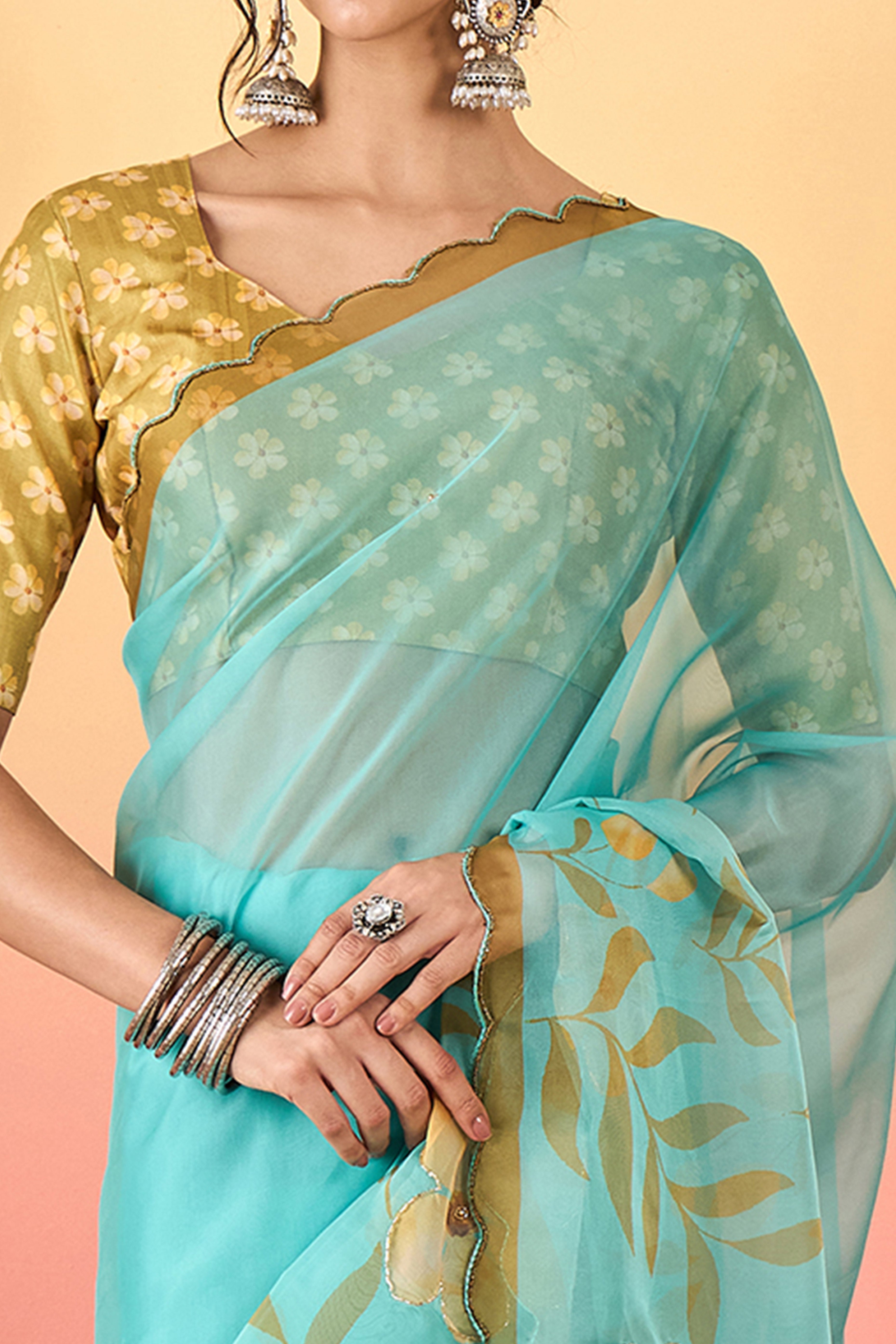 Gorgeous Turquoise Floral Printed Saree in Sheer Organza Blend Fabric with Handcrafted Beads Work