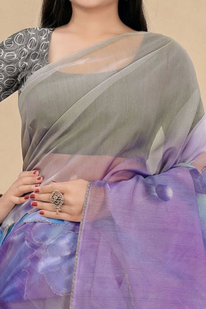 Grey Beads Work Saree Flowy Organza Blend All Over Floral Print Festive Wear