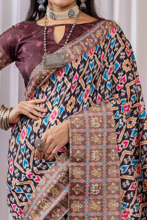 Brown Cotton Silk Saree with Digital Abstract Prints