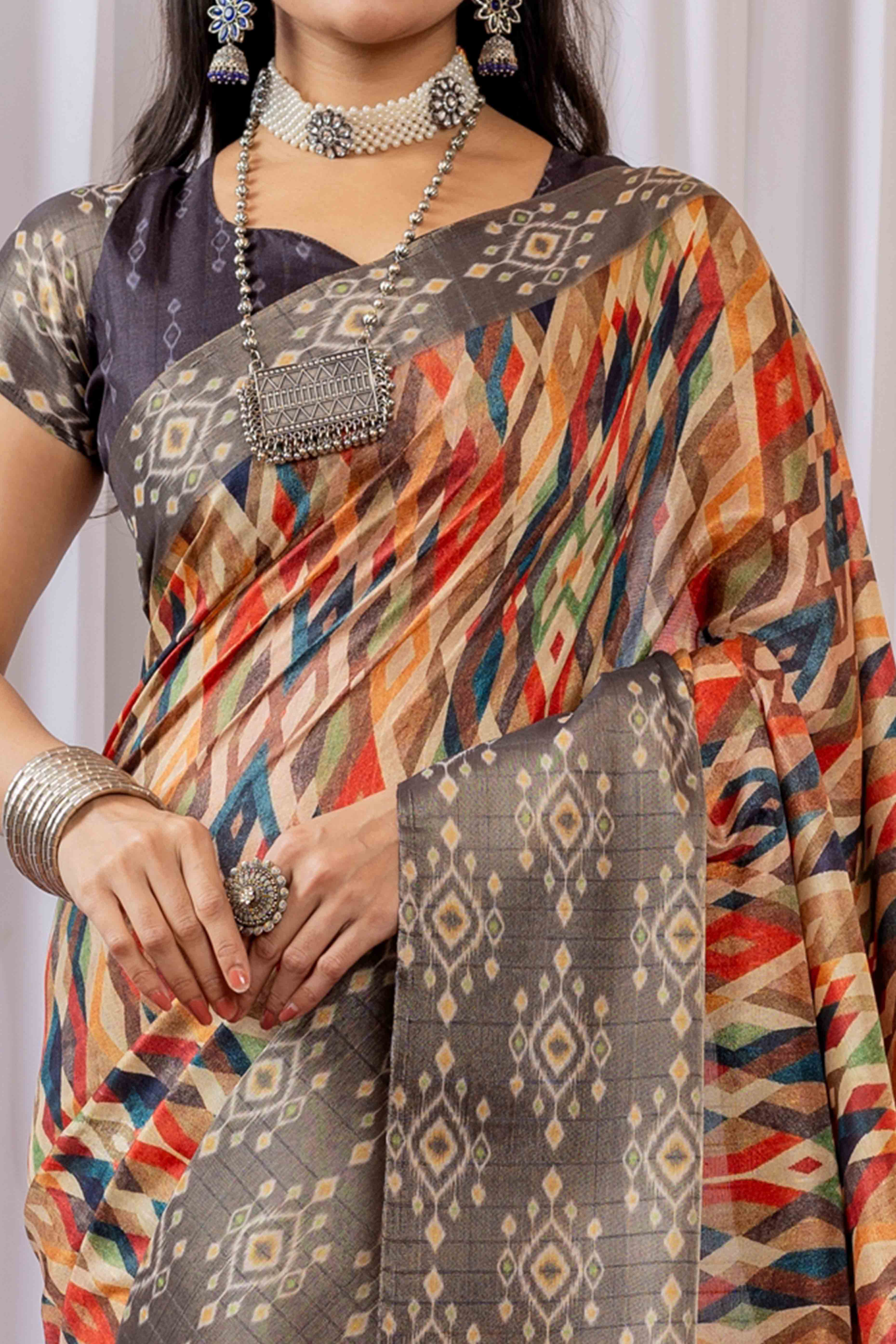 Grey Cotton Silk Saree with Digital Abstract Prints