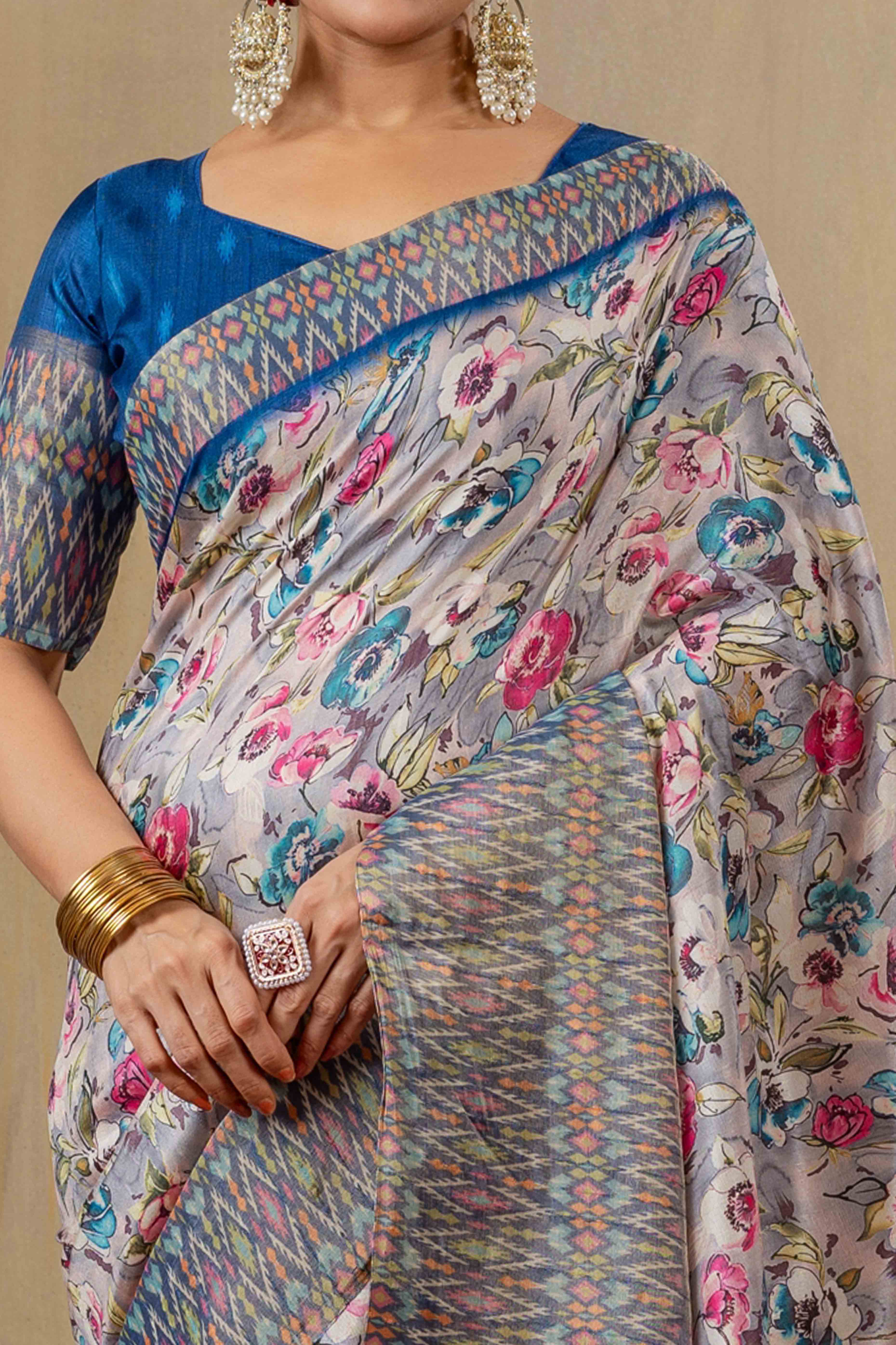 Grey & Blue Cotton Silk Saree with Digital Abstract Prints