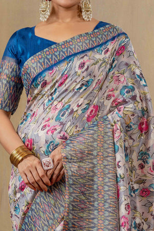 Grey & Blue Cotton Silk Saree with Digital Abstract Prints