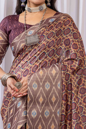 Brown Cotton Silk Saree with Digital Abstract Prints