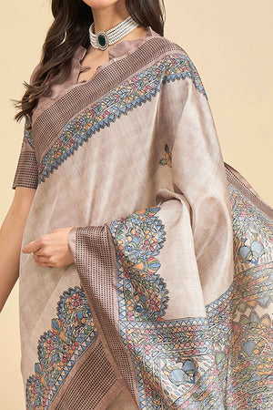 Beige Floral Printed Silk Blend Saree