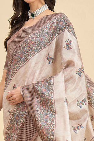 Beige Floral Printed Silk Blend Saree