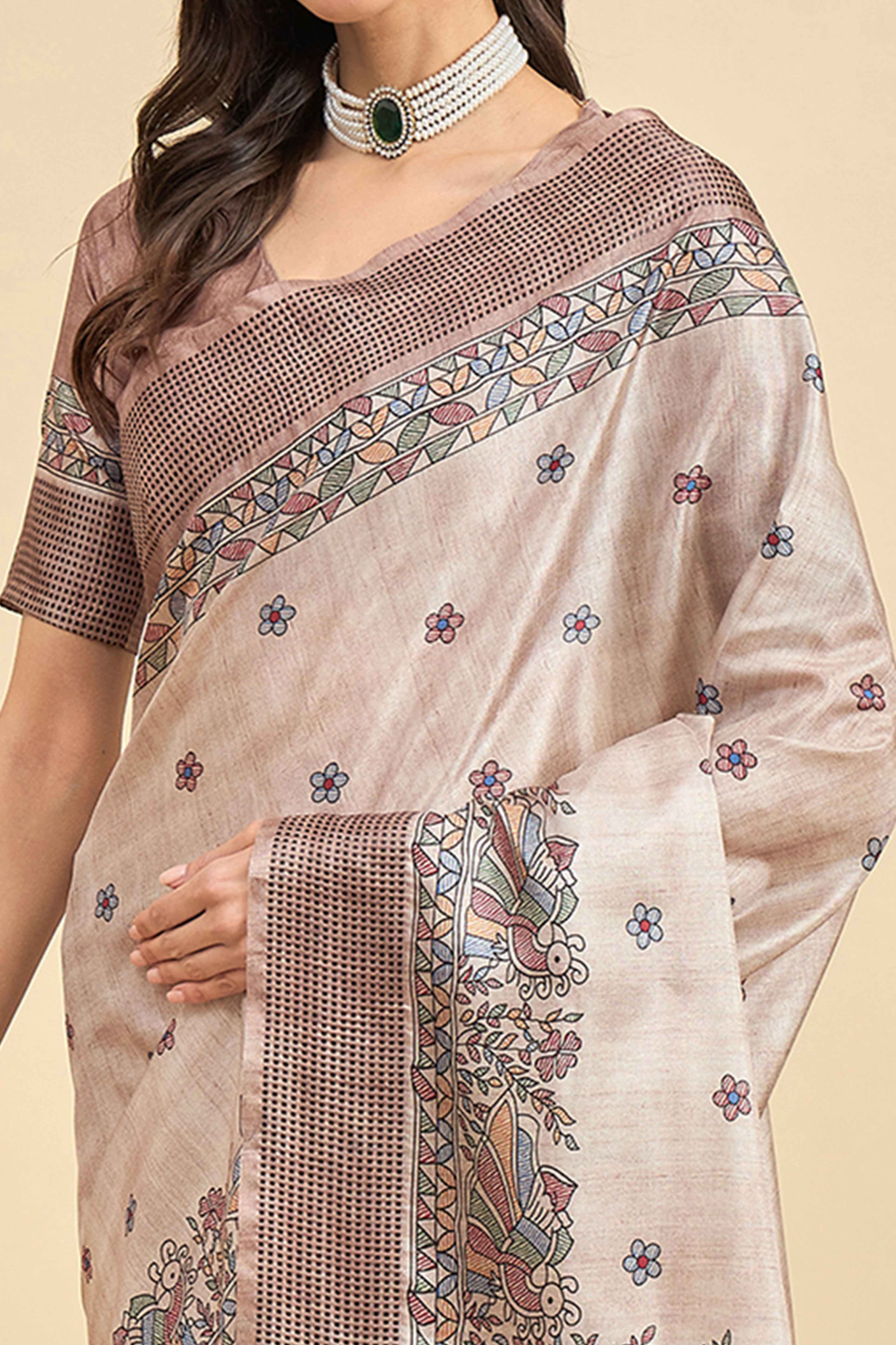 Beige Floral Printed Silk Blend Saree