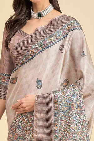 Beige Floral Printed Silk Blend Saree