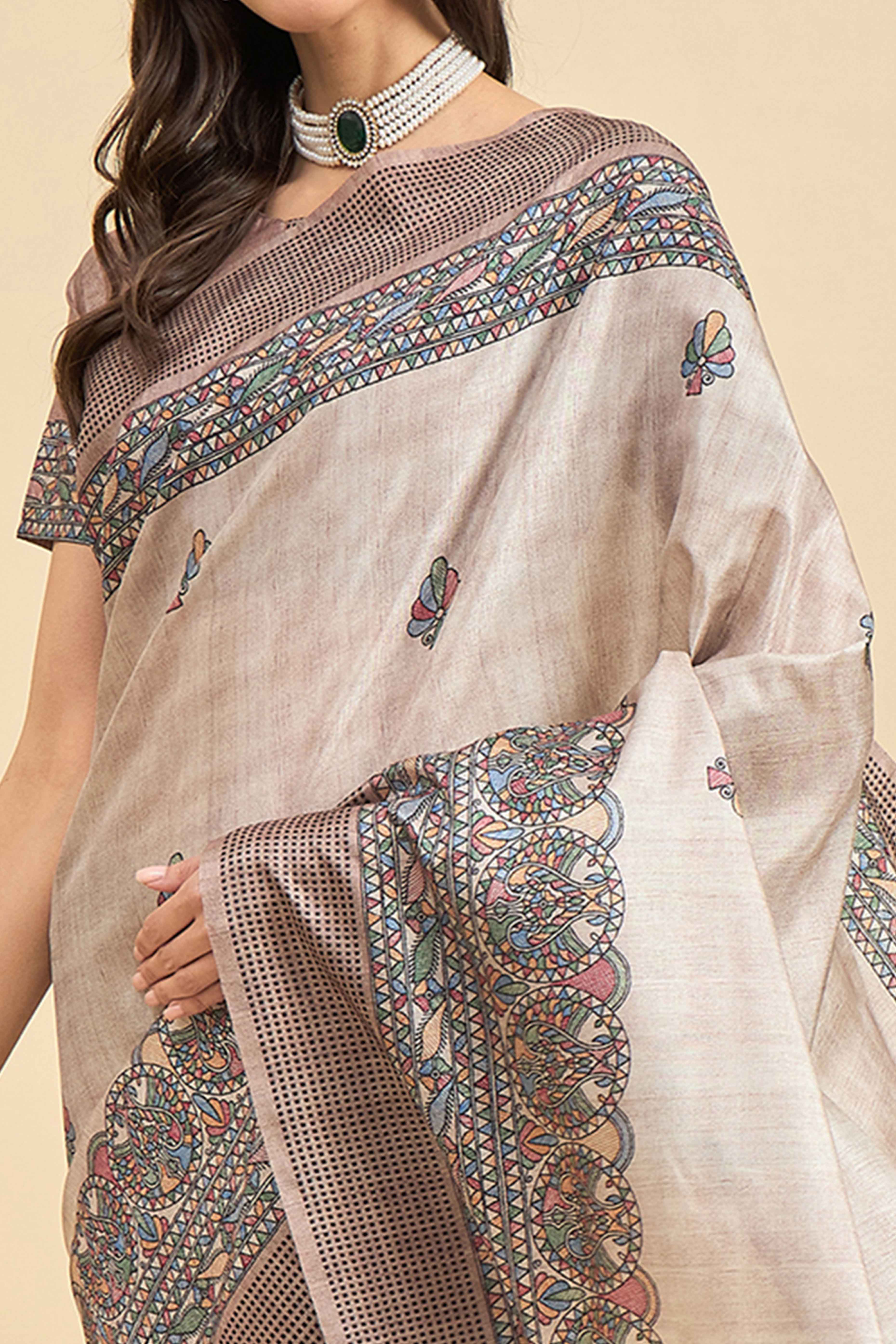 Beige Floral Printed Silk Blend Saree