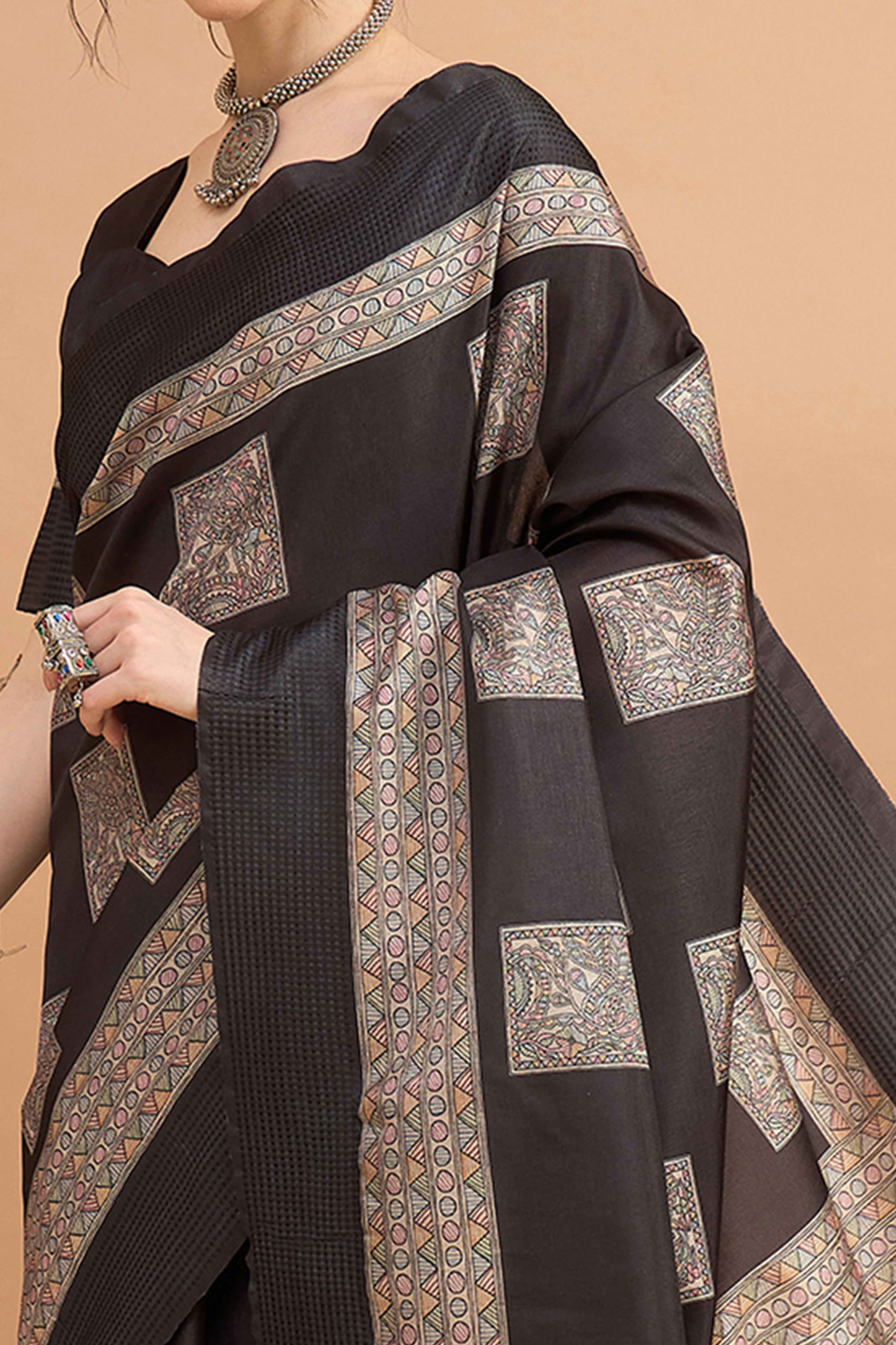 Black Silk Blend Saree with Delicate Floral Motifs