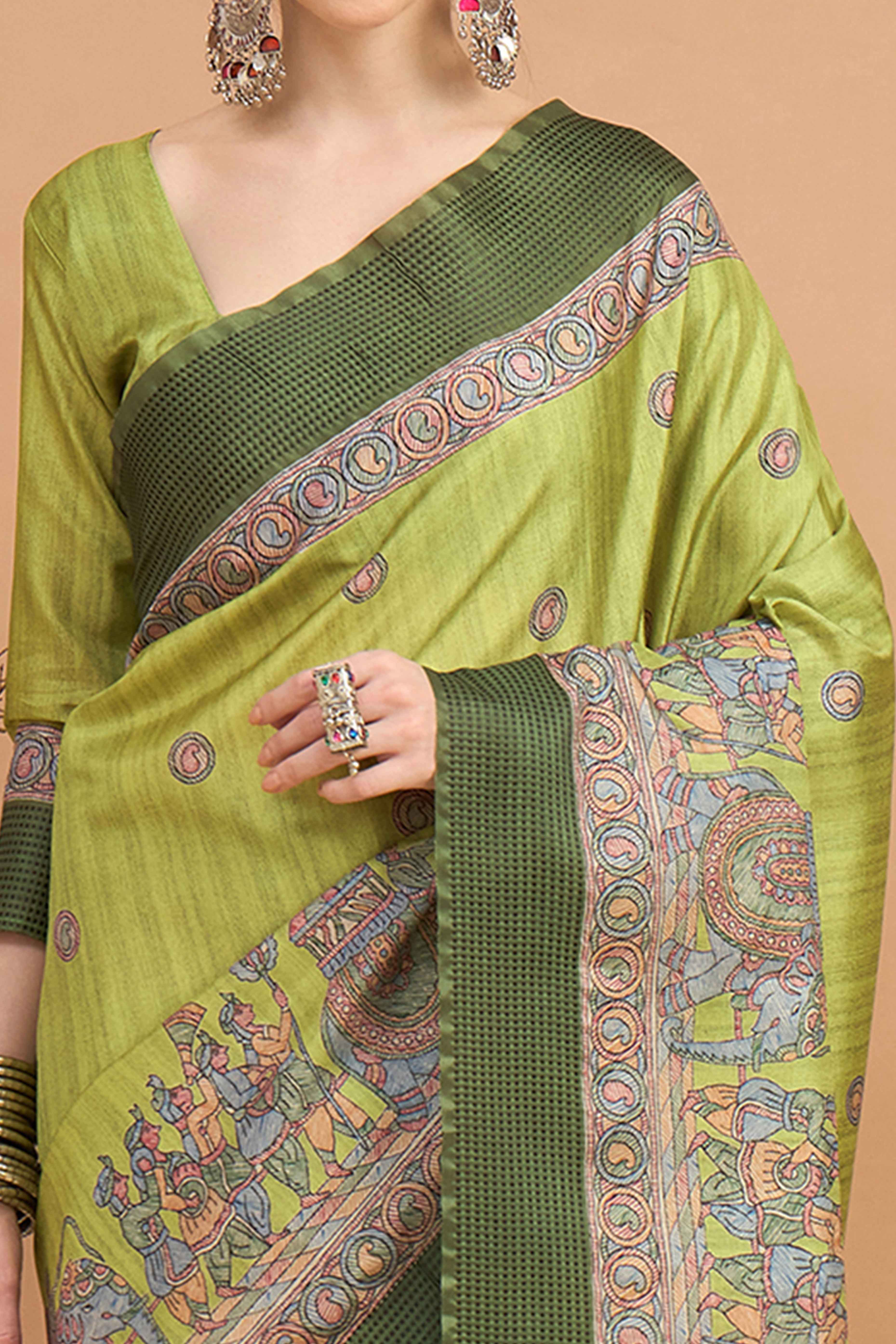 Green Silk Blend Saree with Delicate Floral Motifs