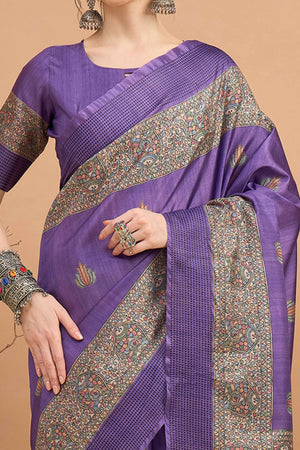 Purple Silk Blend Saree with Delicate Floral Motifs