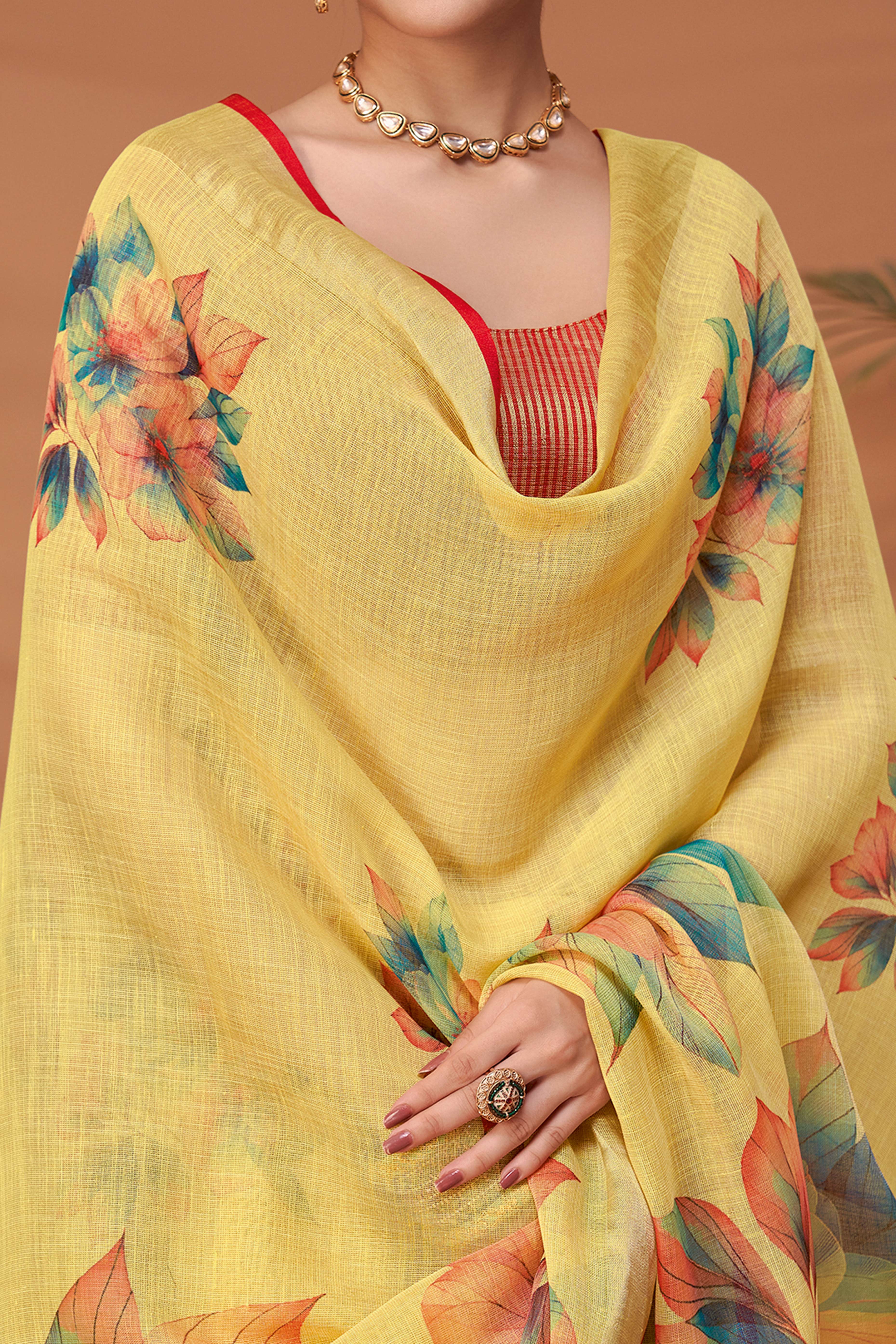 Yellow Woven Floral Printed Linen Blend Saree with Soft Elegant Texture