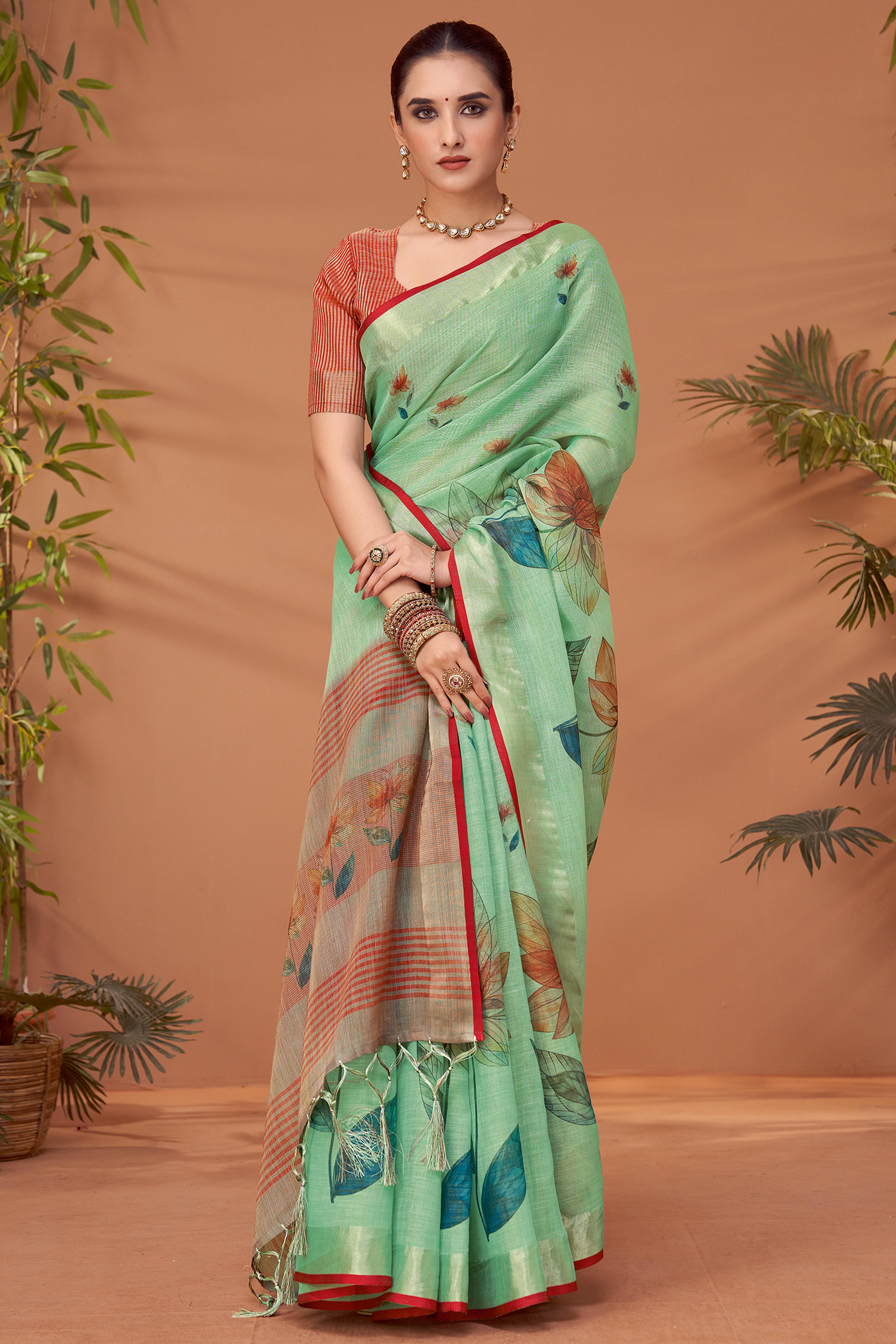 Pista Green Woven Floral Printed Linen Blend Saree with Soft Elegant Texture