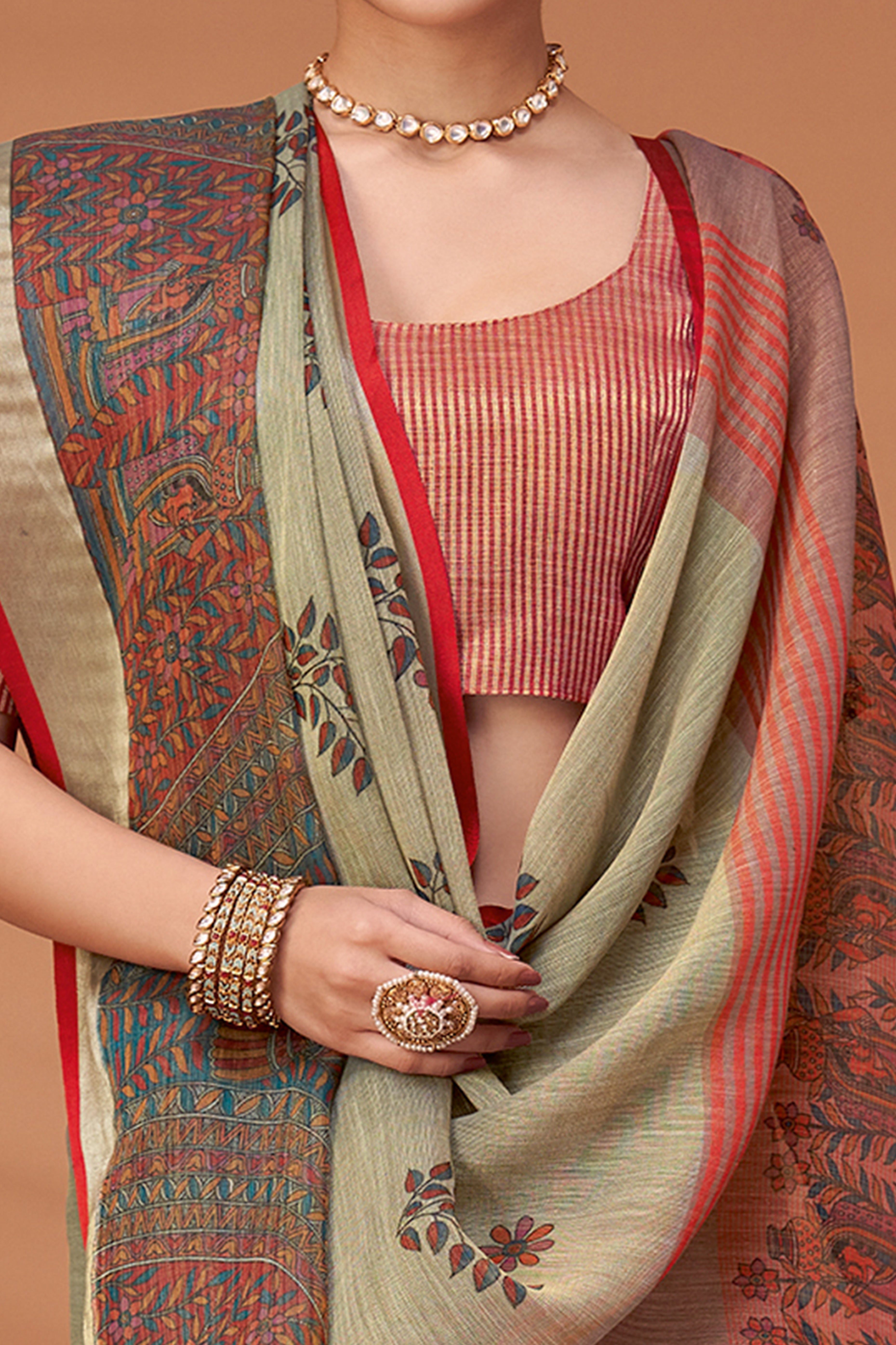 Sage Green Woven Floral Printed Linen Blend Saree with Soft Elegant Texture
