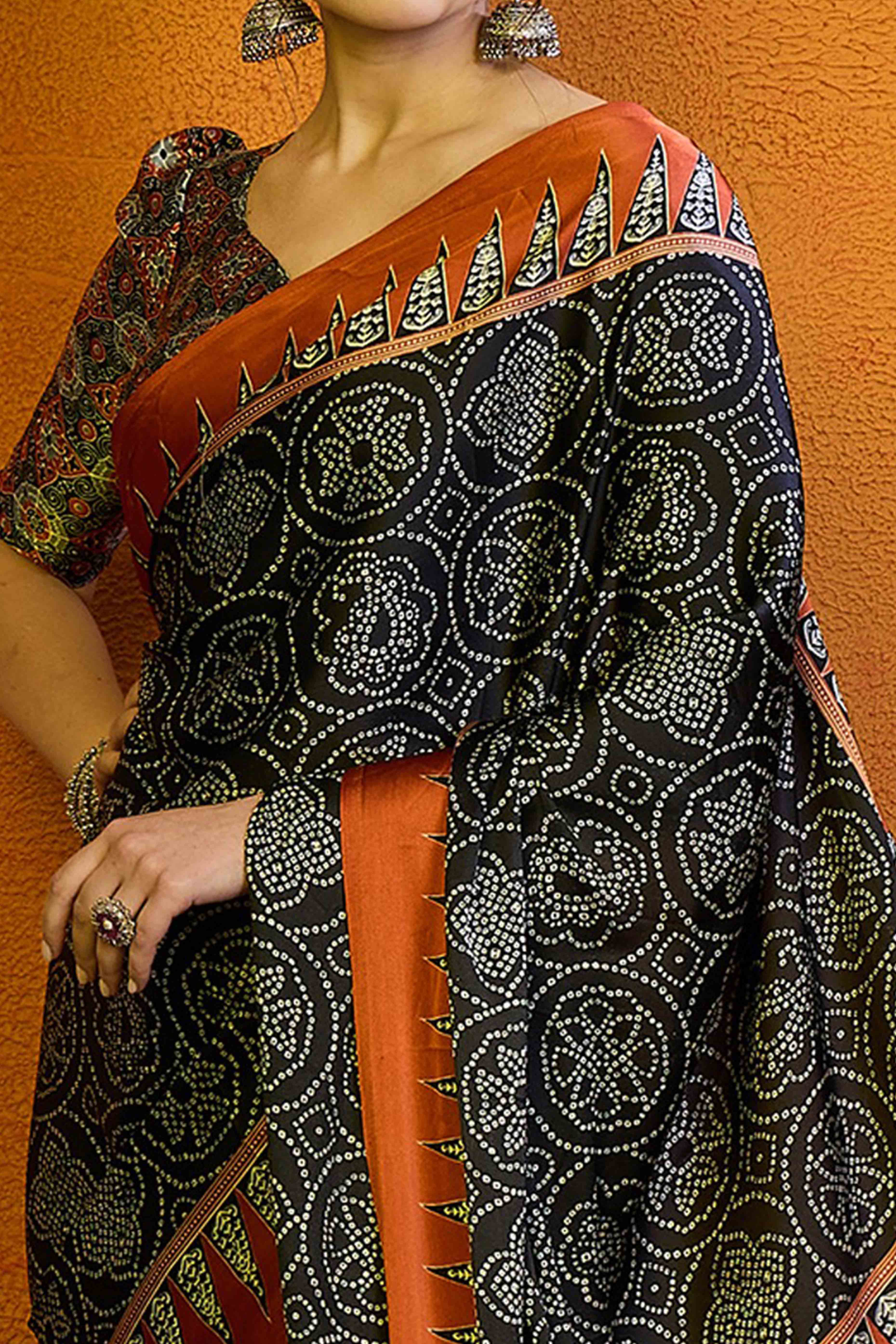 Black & Orange Bandhani Printed Modal Satin Saree