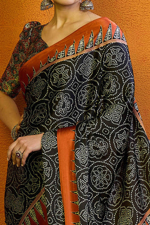 Black & Orange Bandhani Printed Modal Satin Saree